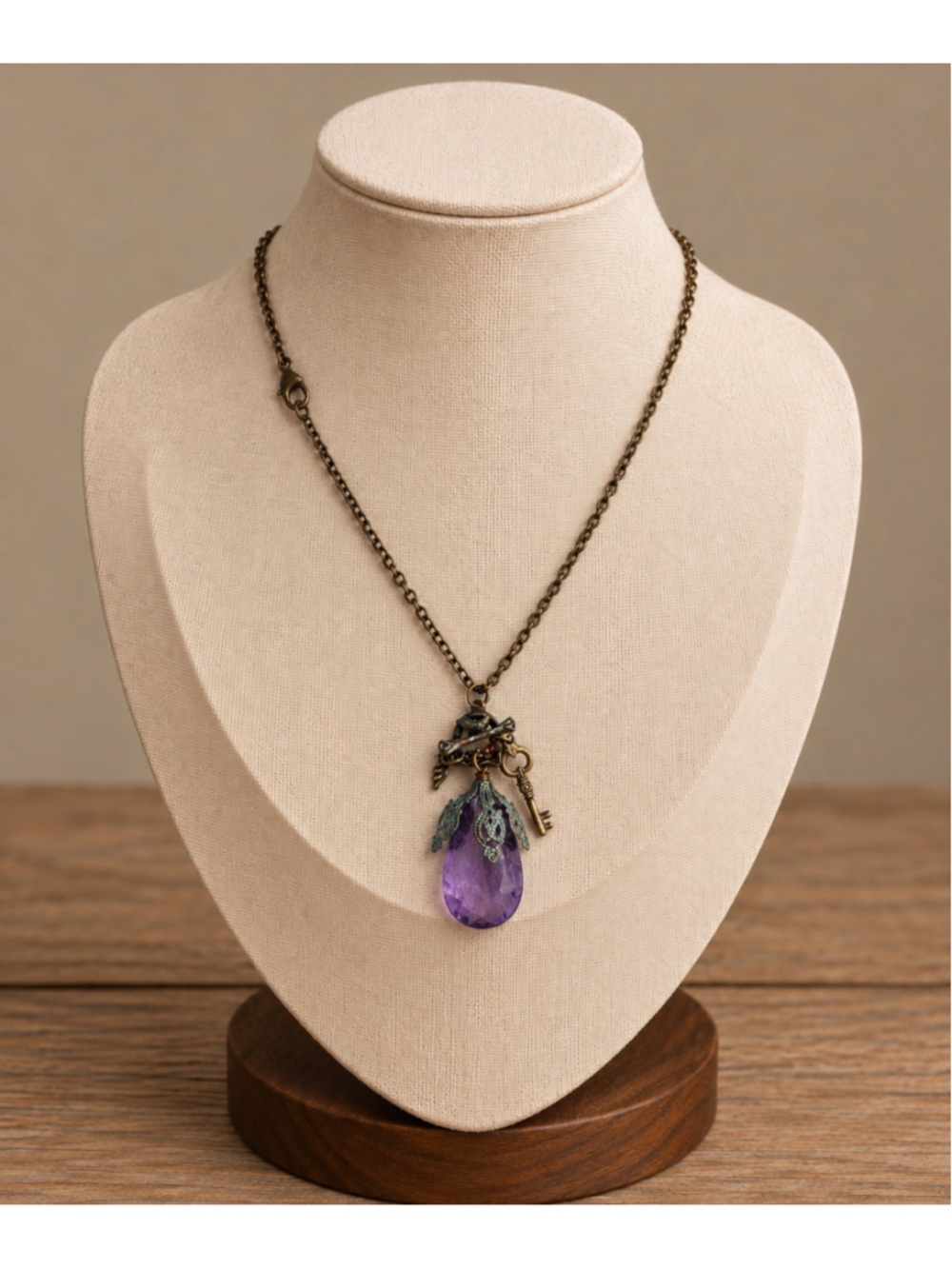 Vintage-Style Purple Crystal Teardrop Pendant Necklace with Key Charm